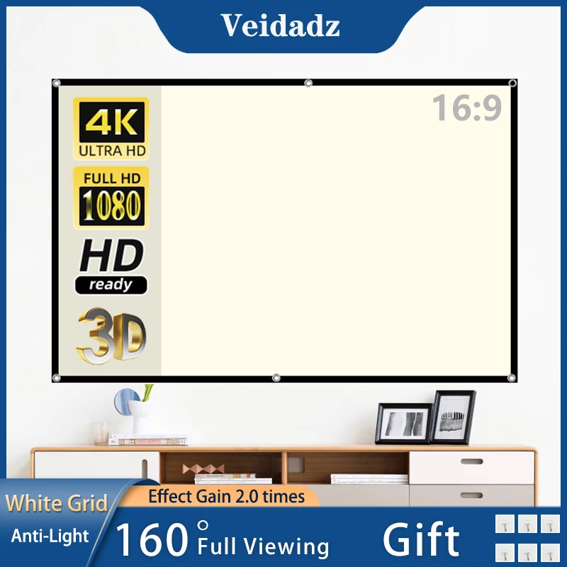 VEIDADZ Projector Screen White Grid Anti-Light 16:9 Projection Screen 72 100 120 130 Inch Portable Reflective Cloth Metal Hook