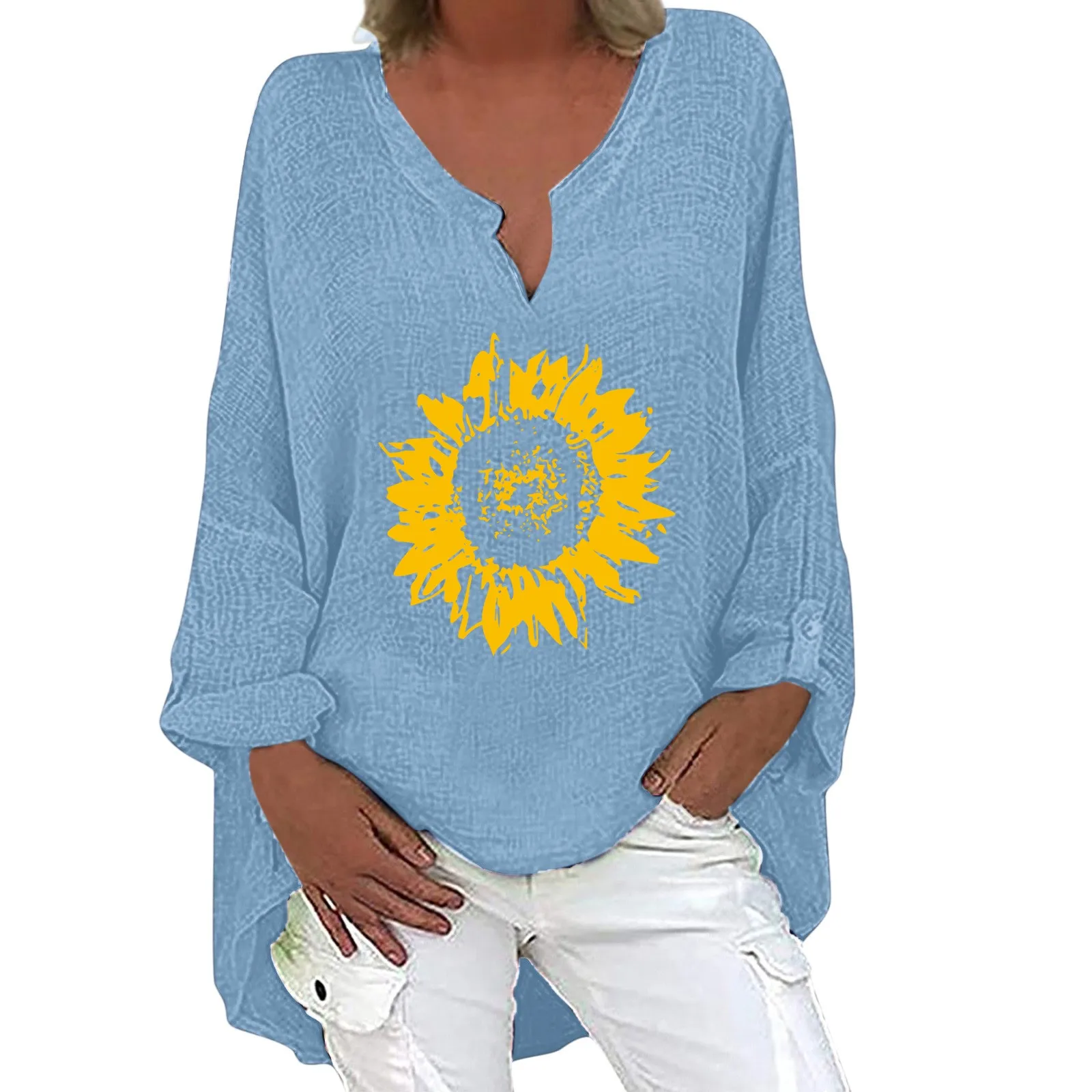 

Womens Sunflower Printed T-Shirts Long Sleeve V Neck Irregular Hem Top Shirt Casual Shirts Tee Camiseta Feminina Pullover Tops