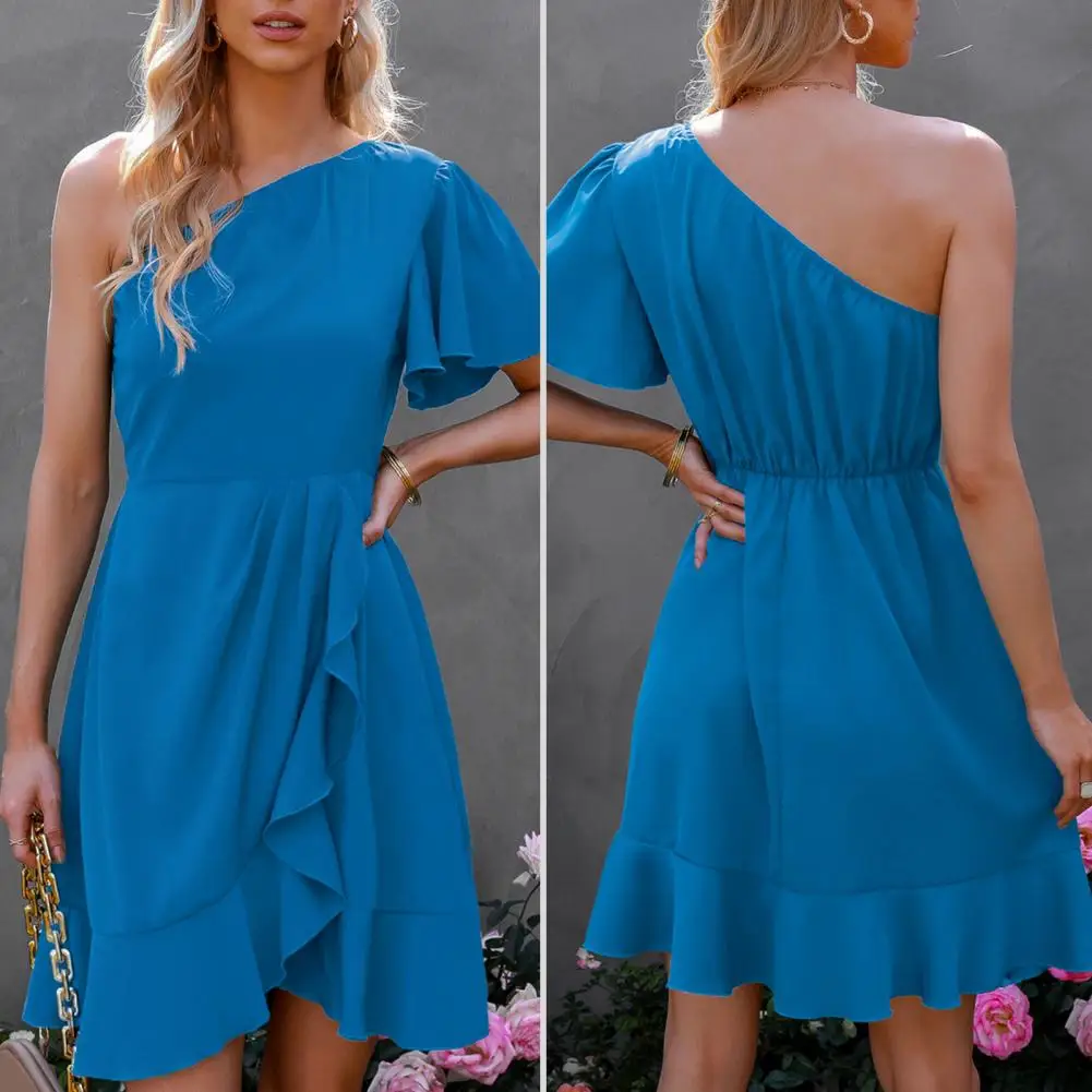 

Fashion One Shoulde Waist Tight Pleated Dress Women Solid Colors Ruffle Hem Beach Dress Short Sleeve Mini Dress Female Clothing