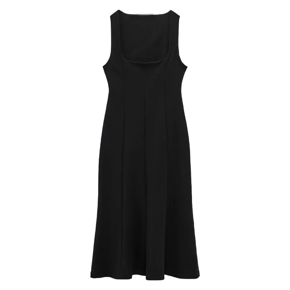 

Zach AiIsa spring new women's high-quality all-match temperament waist round neck wide shoulder strap midi strap dress