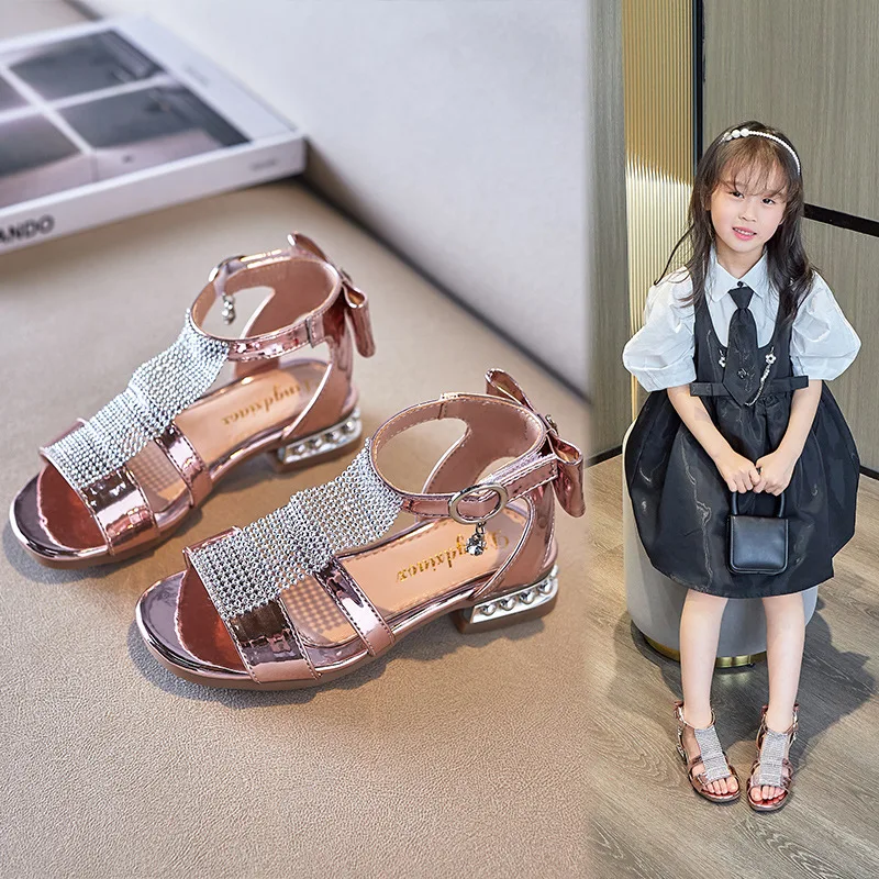 

2022 Summer Children Girls Sandals Bring Heel Toddlers Pink Sandalias Bowtie 4-10y Size 26-36#,Zhi Ying-2215