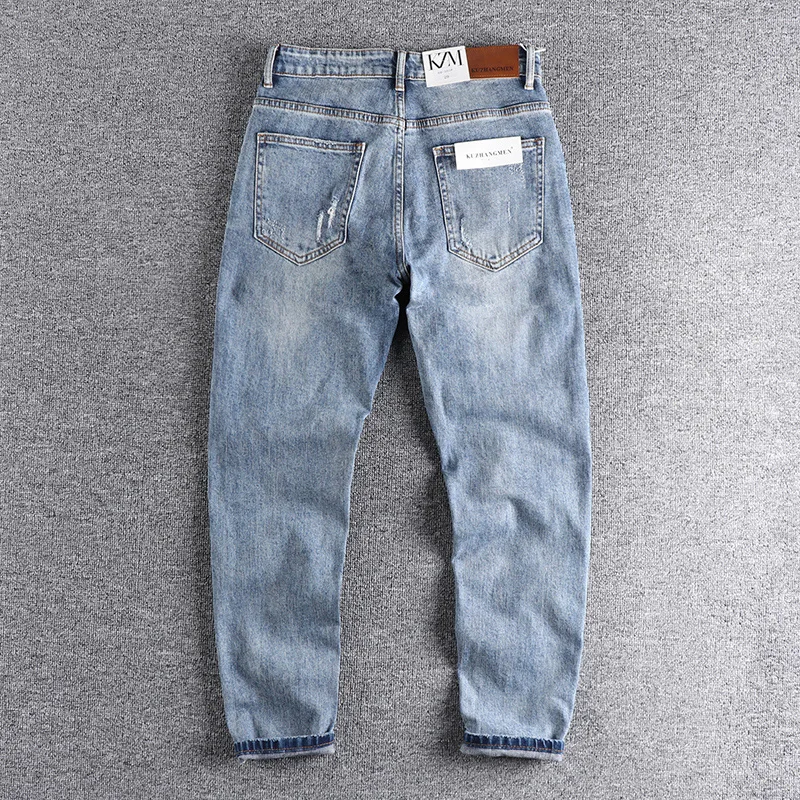 Pocket holes simple heavy water washed old blue jeans men's Korean style spring and summer new slim feet