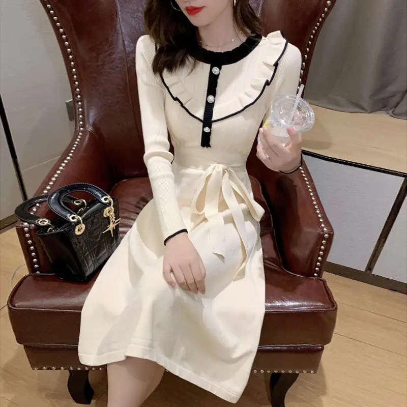 Women 2022 Autumn Winter New Long Sleeve Sweater Dress Female Solid Color Knitted Vestidos Ladies O-neck A-line Dresses Q299