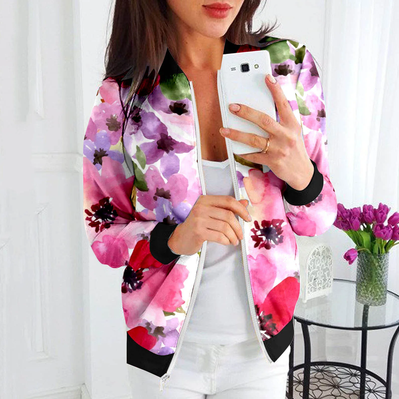 

Женская свободная куртка на молнии с круглым вырезом и длинным рукавом