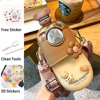 630ml bear lovely water bottle outdoor with straw plastic portable water cup dinkware camping girls bottle