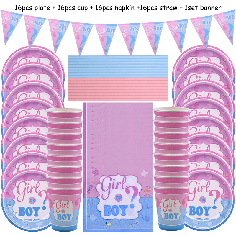 

65Pcs Gender Reveal Disposable Tableware Set Boy Or Girl Plate Napkin Gender Reveal Baby Shower Party Decorations Supplies