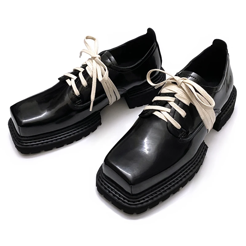 

Spring Men's Leather Shoes Square Toe Japanese Style Sheep Skin Retro Lace-up Handsome Man Casual Business Oxfords Thick-sole