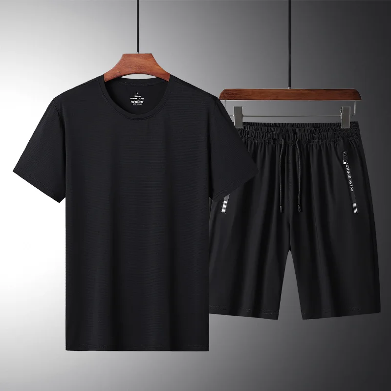 Casual suit men's new summer ice silk short sleeve dad crewneck two-piece set loose half sleeve T-shirt sports cover