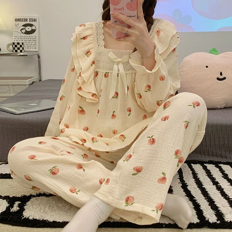 

Корейские милые женские дизайнерские комплекты Осенняя хлопковая Домашняя одежда с длинным рукавом кавайная кружевная с бантом и квадратн...