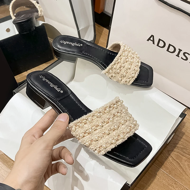 

Ladies Low Heels Sandals Square Toe Female Casual Fashion Slides Pearl Women Slippers Pumps Summer New 2022 Ivory Shoes