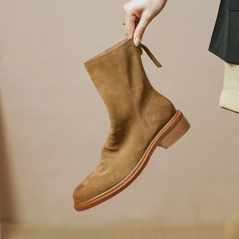 

Boots Ladies Winter 2022 Leather Ladies Booties And Nude Boots Casual Round Heeled Mid Heel Shoes