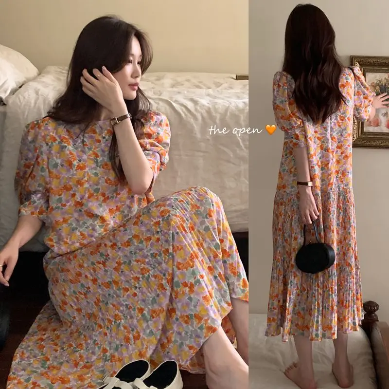 

COIGARSAM Women's Summer Dress Vintage Chiffon Floral Print Puff Sleeve Orange Yellow Dresses Dropshipping