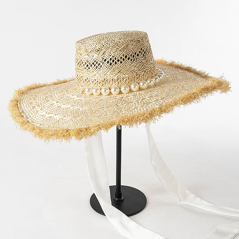 2023 Famous Designer Straw Hat for Women Pearls Band Sun Hats Handmade Sisal Big Fringed Wide Brim Beach Hat Summer Derby Hat