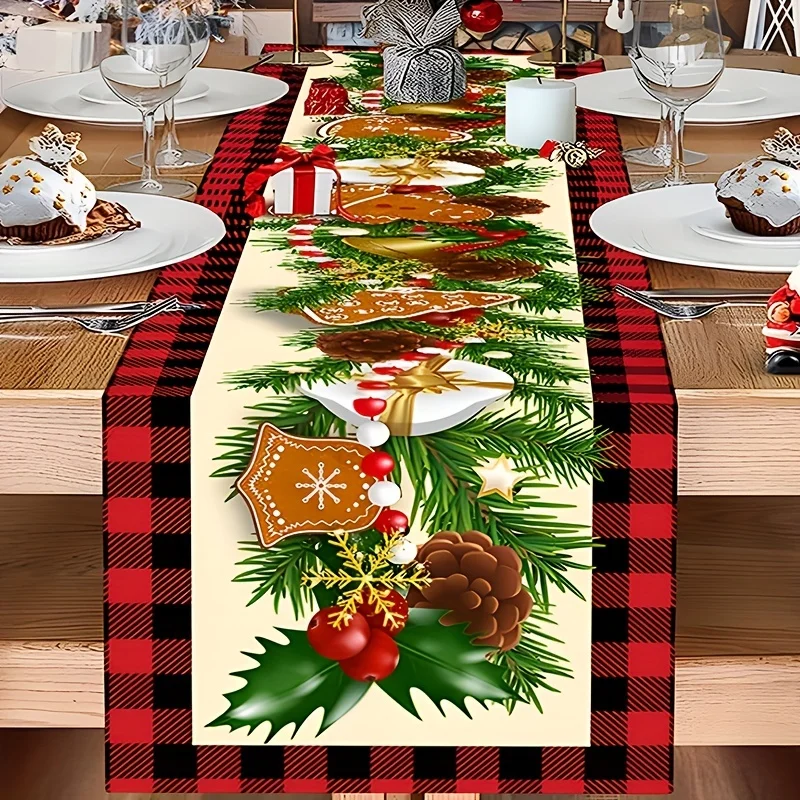 Рождественская сосновая игла ягода буйвол клетчатая льняная дорожка для стола