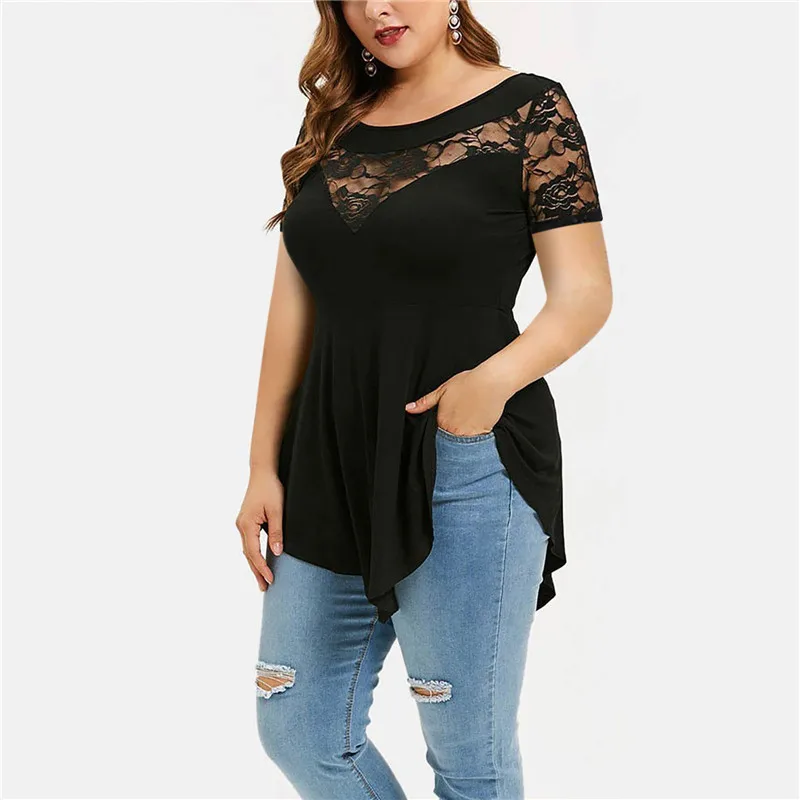 

Lace Short Sleeve Women Casual Shirts Summer Chest Cutout Streetwear Ladies Blouses Loose Oversized Irregular Hem Female Shirt