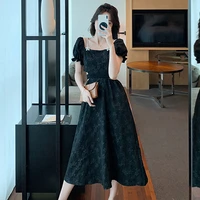 2022 summer vintage puff sleeve sexy square collar beadings midi jacquard dress women elegant hollow out waist party dresses