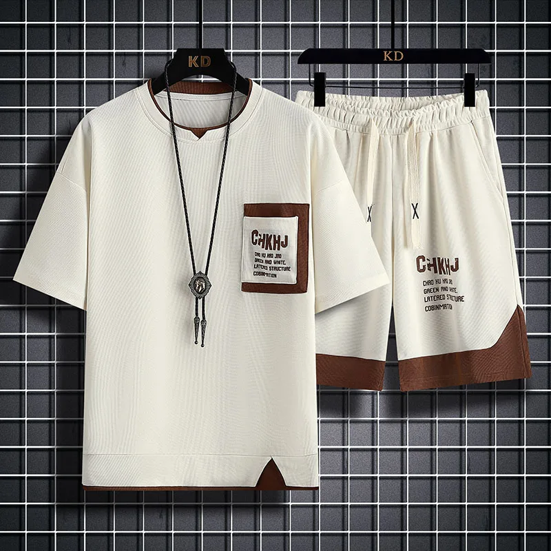 Waffle Short Sleeve Suit Men's Summer New Fashion Brand Set Handsome Youth Student Sports Casual Clothes
