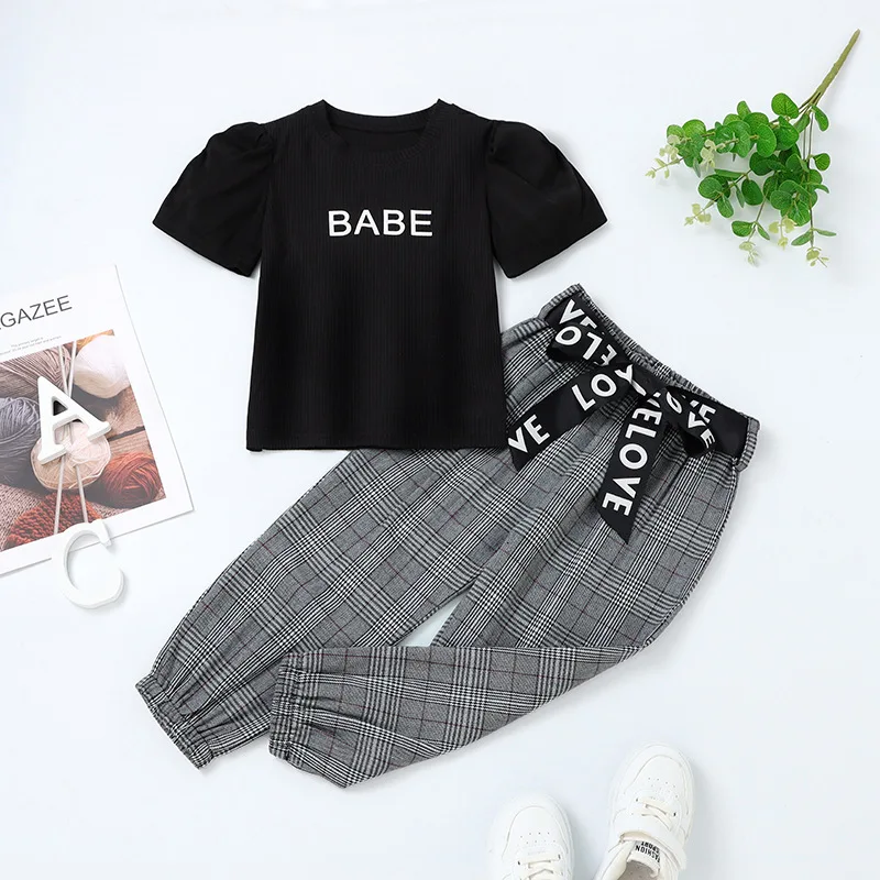 

2 Piece Suit T-shirt+ Pants Baby Girl Clothes Young Children BABY English Print Cover Assembly Belt Girls Sportswear Set Clothes