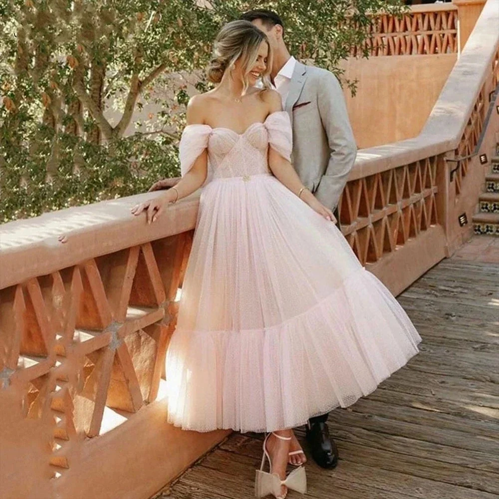 

Tulle Evening Party Prom Dresses Light Pink Gown Off-Shoulder Fashion Princess Birthday Dress Tea Length Plus Size