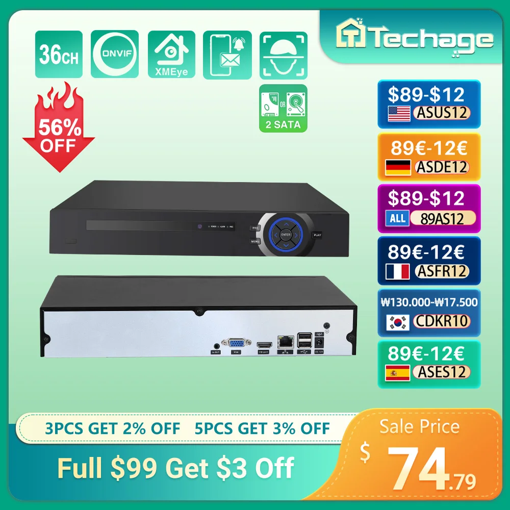 

Techage UHD H.265 32CH POE NVR Сетевой рекордер 4K8MP 5MP Камера с распознаванием лиц CCTV Система видеонаблюдения P2P Max 28T