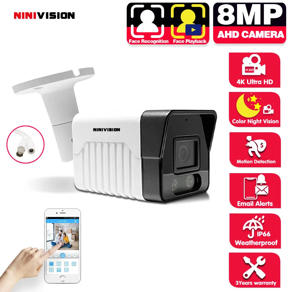 

Face Detection Color Night Vision Ultra HD 8MP 4K CCTV AHD Security Outdoor IP66 Weatherproof Street Home surveillance Camera