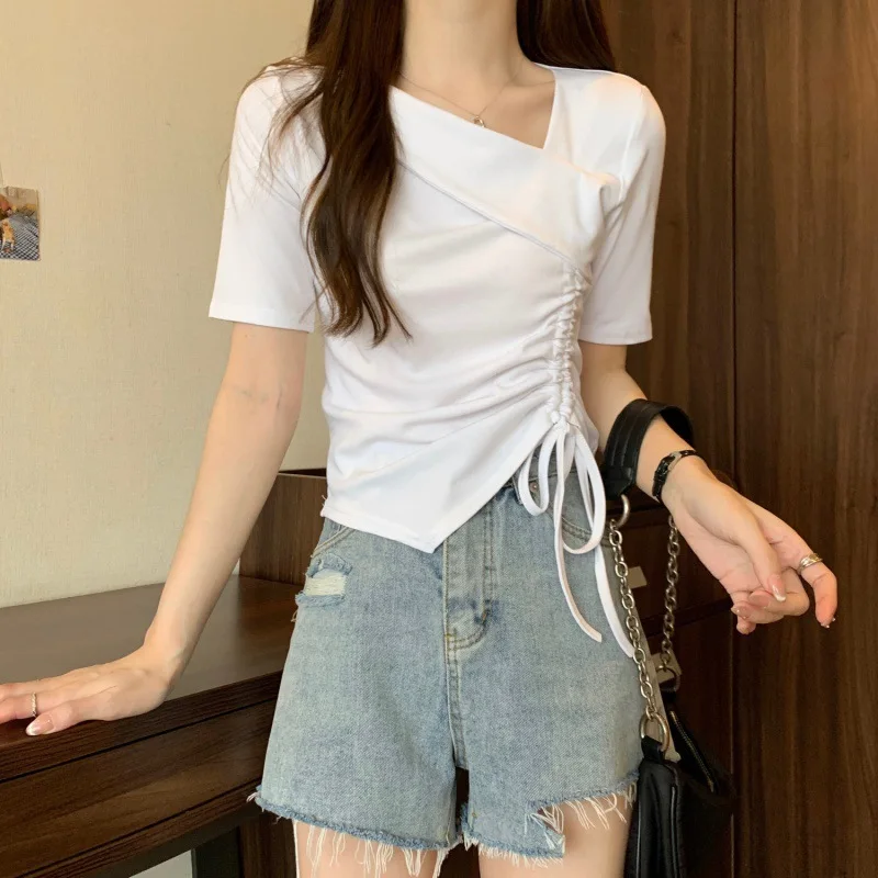 

2023 New Summer Irregular Skew Neck Drawcord Short Sleeve T-Shirt Women White Office Blouse Clothes for Woman Solid White Tops