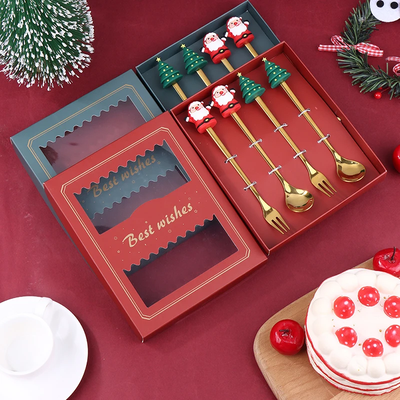 

2023 Christmas Decor 4pcs/set Stainless Steel Christmas Spoon Fork Gift Set Dessert Coffee Tea Stirring Tableware Party With Box