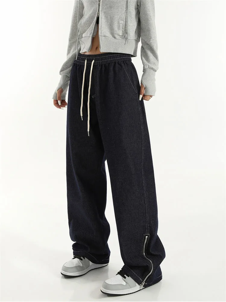 

Women's High Waist Drawstring Straight Casual Jeans Baggy Y2k Vintage Denim Trousers Loose Streetwear Pants Clothing Female New