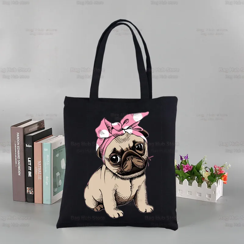 

Pug Anatomy Harajuku Shopping Black Bags Canvas Tote Bag Cute Cartoon Dog Pet Mom Reusable Cloth Bag Handbag Shoulder Bags