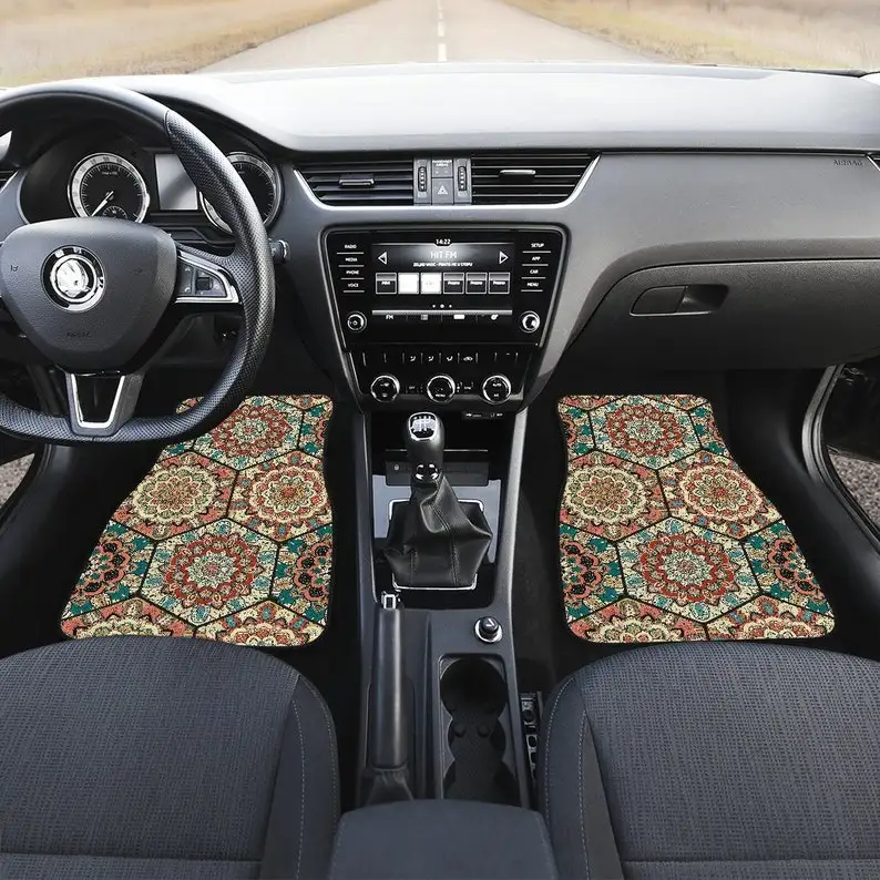 Brown Beige Floral Mandalas Car Floor Mats Set, Front and Back Floor Mats for Car, Car Accessories