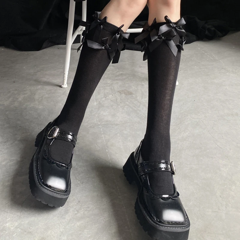 

Носки Lolita до колена, костюмы для косплея, аксессуары, нейлоновые кружевные носки с бантом, милые длинные носки Kwaii для девочек, женские белые ...