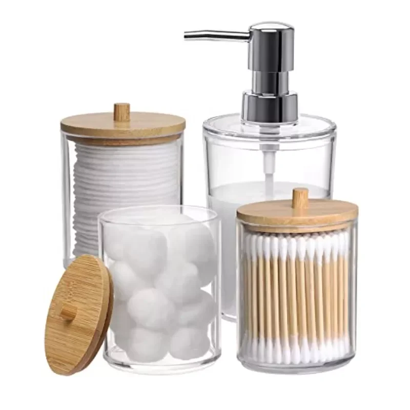 

NEW 4pcs Bamboo Bathroom Accessories Set liquid Lotion Soap Dispenser Cotton Pad holder Cotton Jar Acrylic Organizer For Bathroo