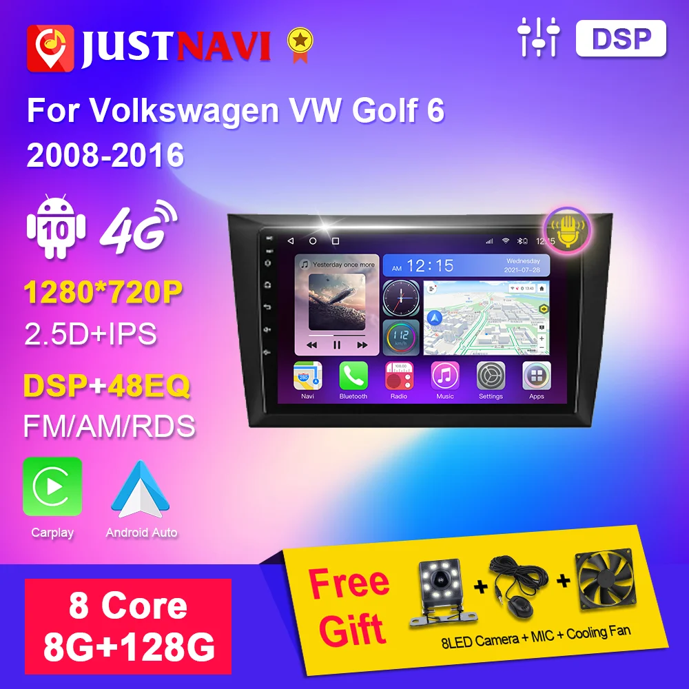

Автомобильный радиоприемник JUSTNAVI для Volkswagen VW Golf 6 2008-2016, стерео Android, автомобильная навигация Carplay, GPS, мультимедийный плеер, DSP Авторадио