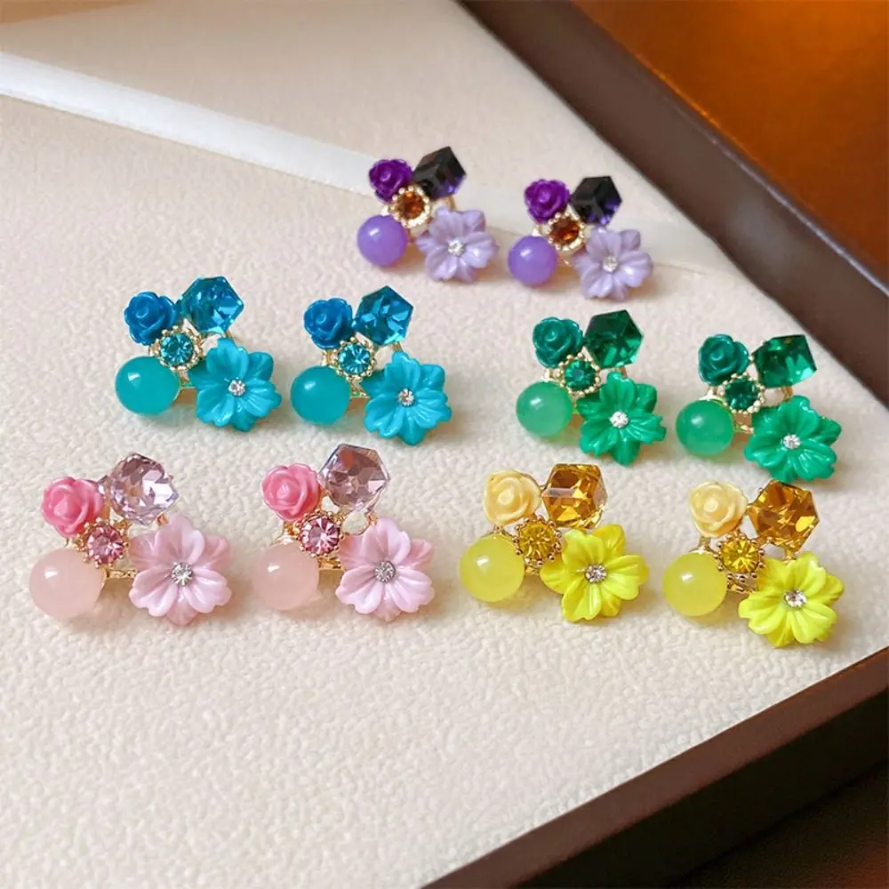 

Korean Style Cat Eye Stone Crystal Stud Earrings for Women Sweet Pink Green Purple Flower Earrings Girls Party Jewelry