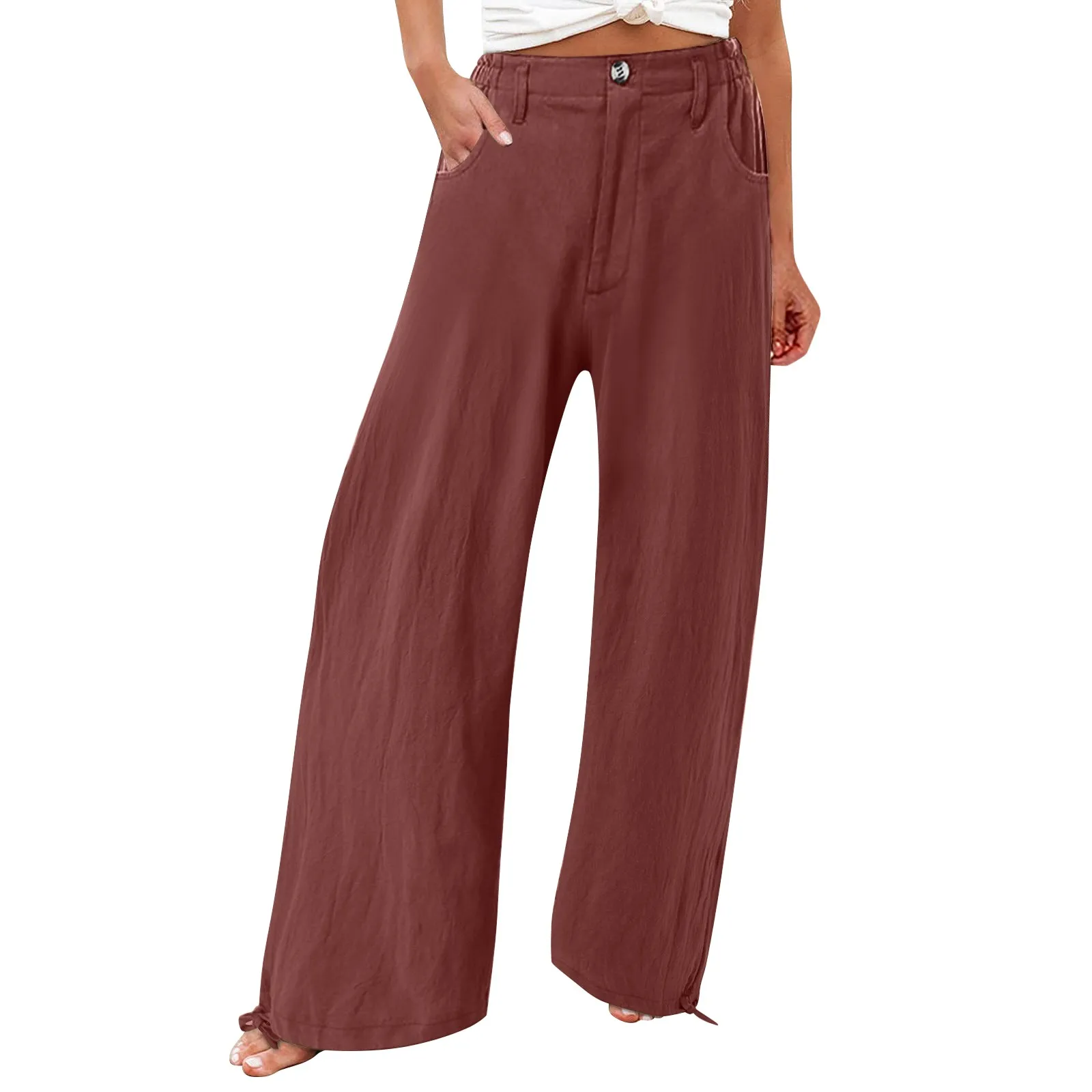 Women Cotton Linen Pants Fashion Solid Color Elastic Waist Loose Straight Pants Female Wide-Leg Pants Summer Casual Pants