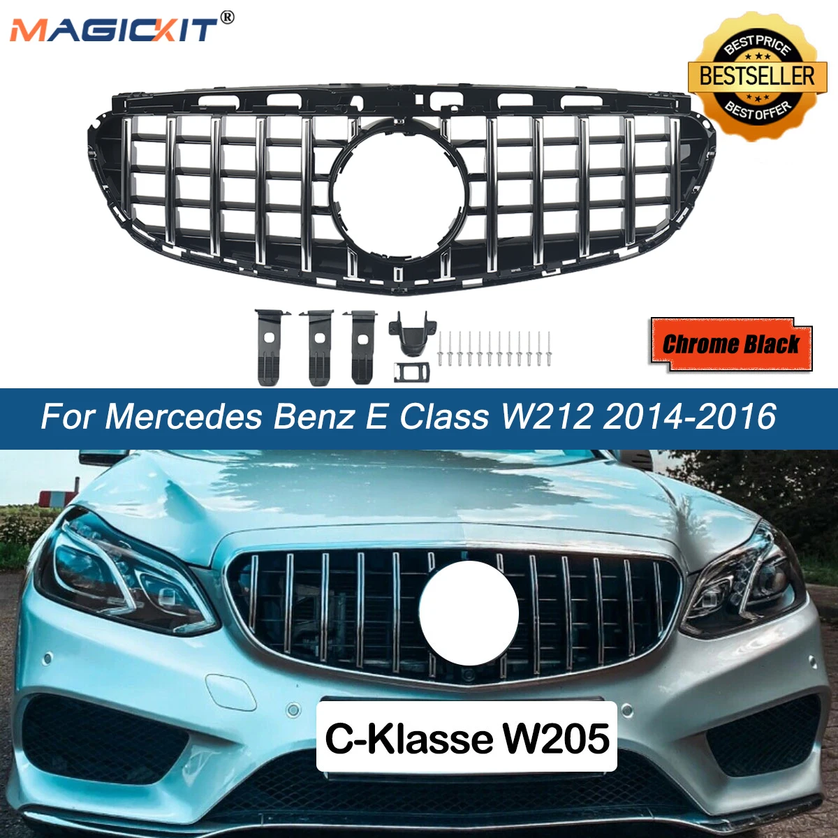 

MagicKit GT Style Car Replacement Grille For Mercedes Benz E-Class W212 Sedan E300 Chrome Black Grill 2014 -2016 Auto Part