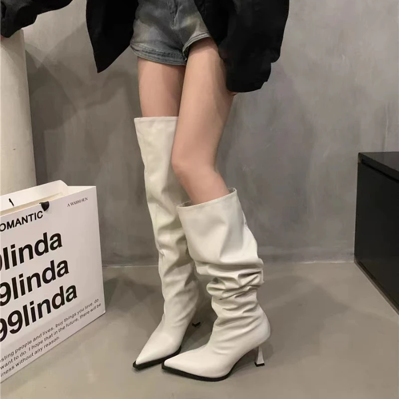

Thin Heels Knee-High Modern Boots for Women Hot Sale Winter Solid Med Heel Slip-on Ladies Shoes Pointed Toe Rubber Pu Boots