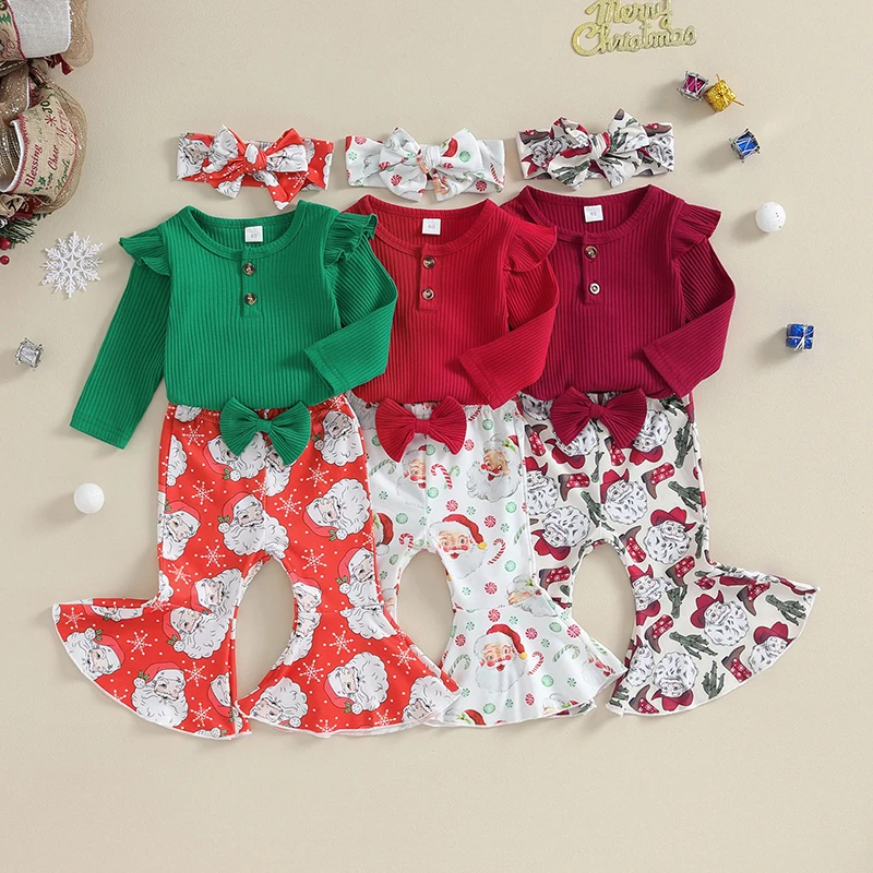

Christmas Baby Infant Clothing Girls Outfit Long Sleeve Romper with Santa Print Flare Pants and Headband Newborn Set