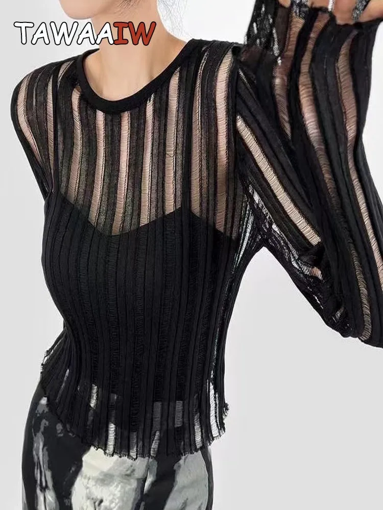 

Tawaaiw Slim Hollow Out Knitted Tops Long Sleeve Thin Sweater Women Clothes Streetwear Pullover Ladies Jumpers Chic 2023 Autumn