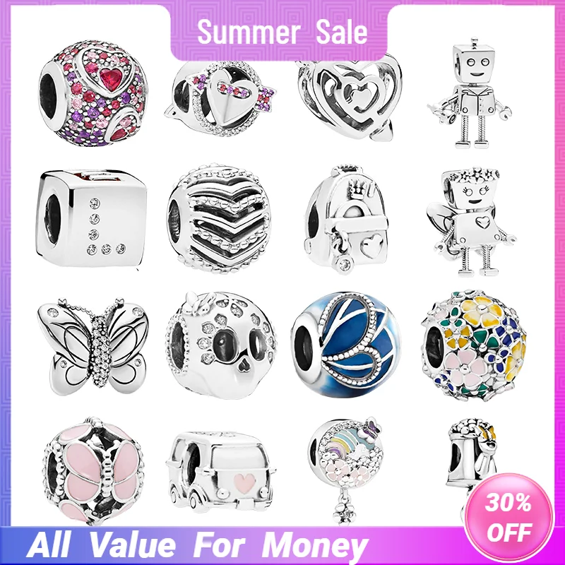 

Женские шармы-бусины из серебра 925 пробы для браслетов, украшения «сделай сам» в виде дисков, стрел, сердечек, ботов, бабочек, крыльев, радуги,...