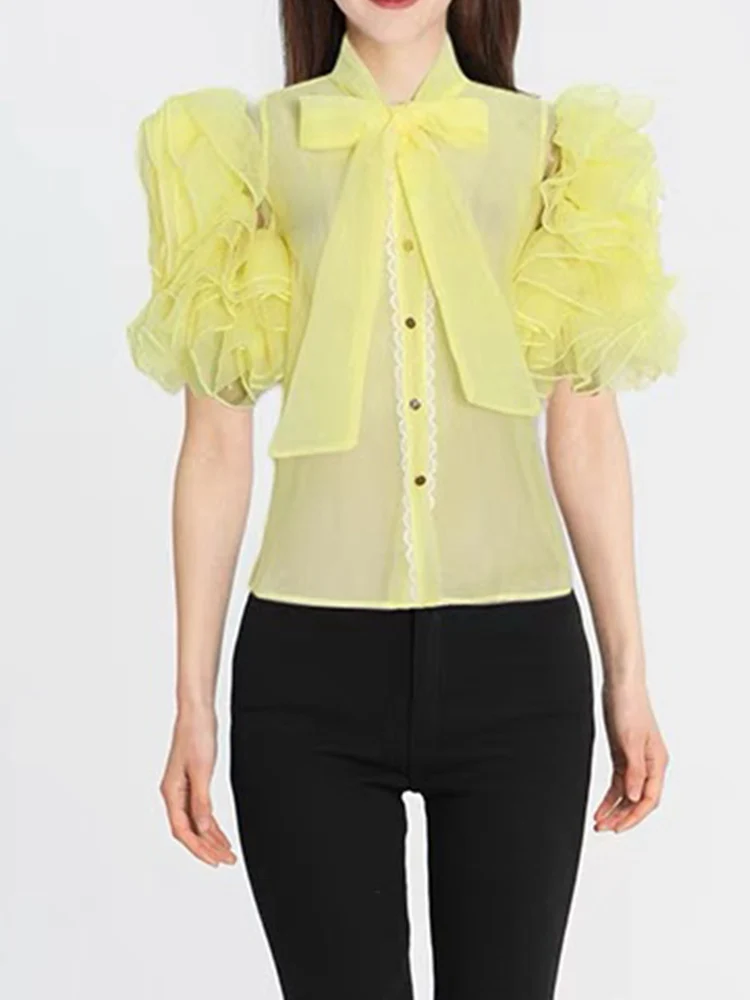 

Summer heavy industry ruffled solid color neckline bow tie stitching perspective bubble short-sleeved organza women's shirt top