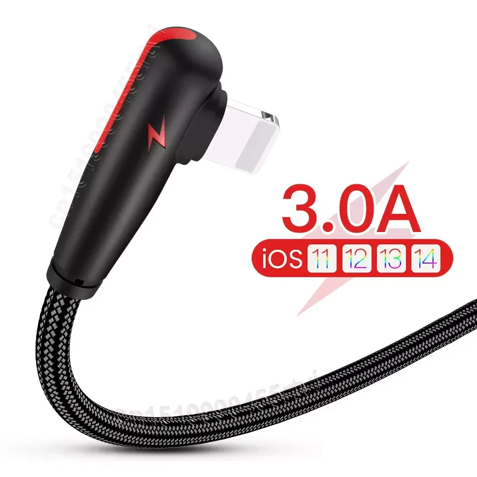 

L-shape Nylon USB 13 12 11 Pro Max XS XR X 8 7 6 6S 5S se 3A Fast Charger 90 Degree USB Wire Cord