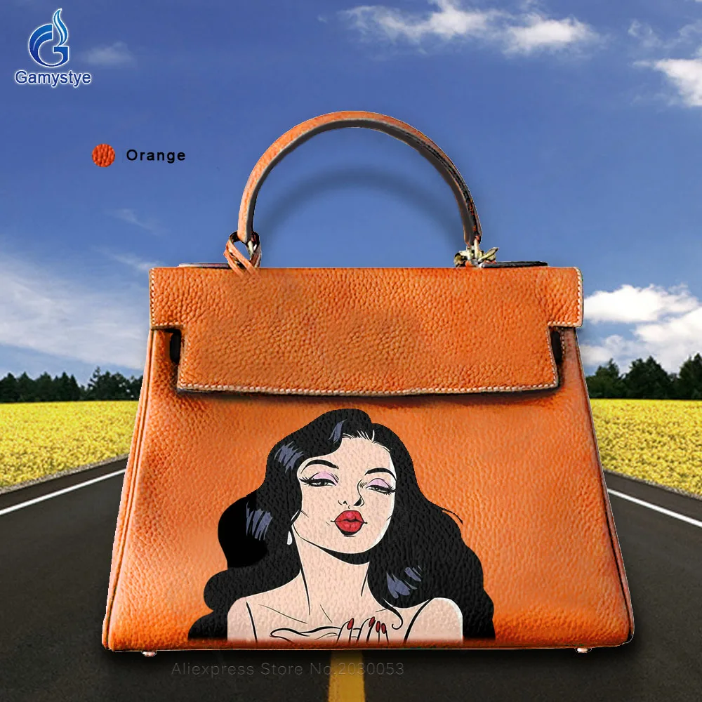 

NEW Graffiti Artisc Printed POP Girl Flying Kiss Bags Really Leather Cowhide Ladies purses and handbags Messenger Clutch Totes