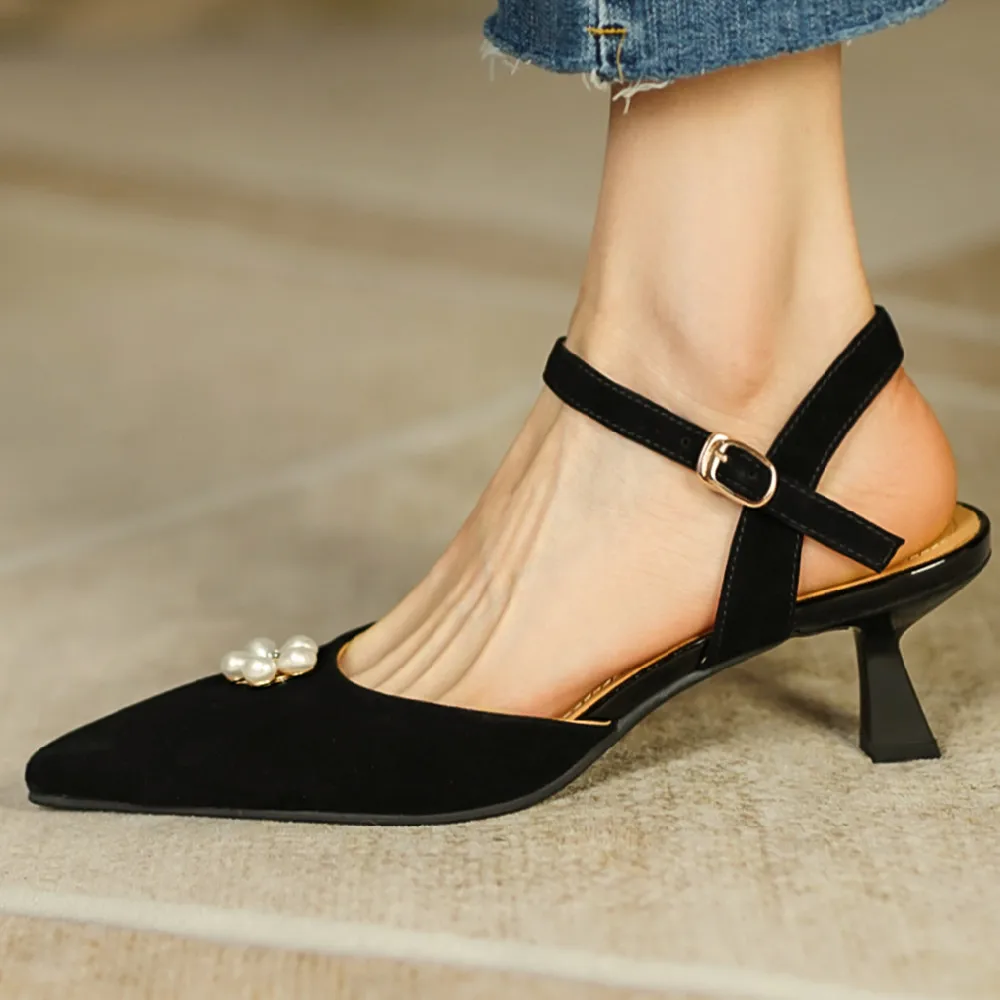 

Women's natural suede leather thin high heel pointed toe ankle strap sandals elegant ladies beading summer slim evening pumps