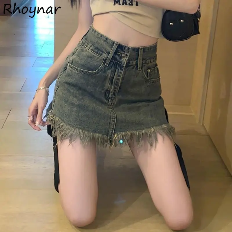 

Женская джинсовая мини-юбка с бахромой, с высокой талией