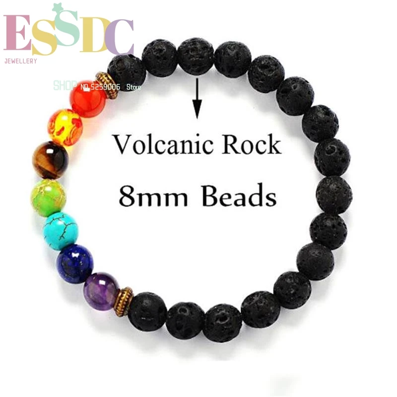 

7 Chakra Healing Balance Beaded Lava 8mm Natural Volcanic Rock Energy Stone Yoga Reiki Prayer Bracelet Wholesale