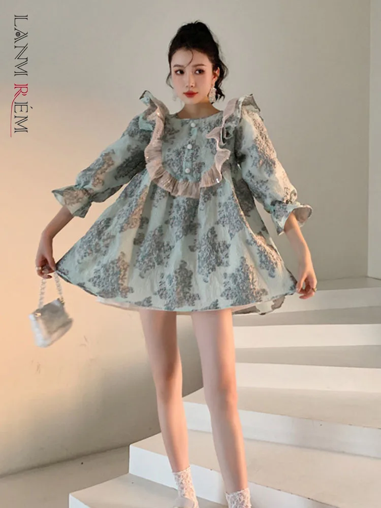 

LANMREM Green Pink Big Flower Lace Fungus Side Bubble Sleeve Dress Casual Loose Fit Women's Summer 2023 New Arrival 2K1350