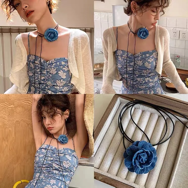 

Blue Cowboy Camellia Neck Chain Choker Ballet Sweet Cool Girl Rope Necklace Elegant Big Rose Pendant Jewelry Gift Collarbone