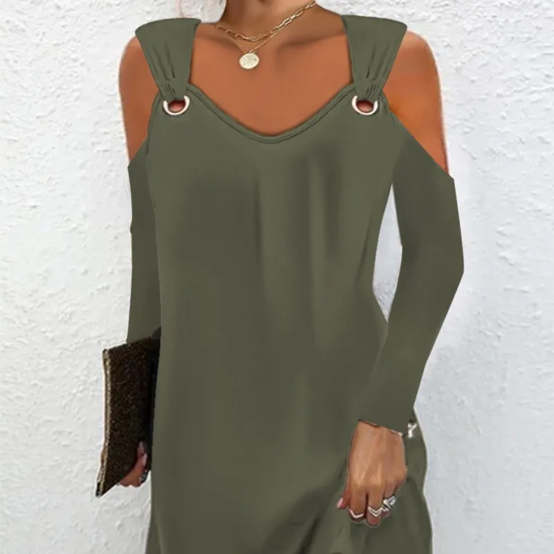 

Women Autumn Solid Sexy Off Shoulder V-Neck Metal Button Black Midi Dresses Casual Loose Long Sleeve Vestido Longo Feminino