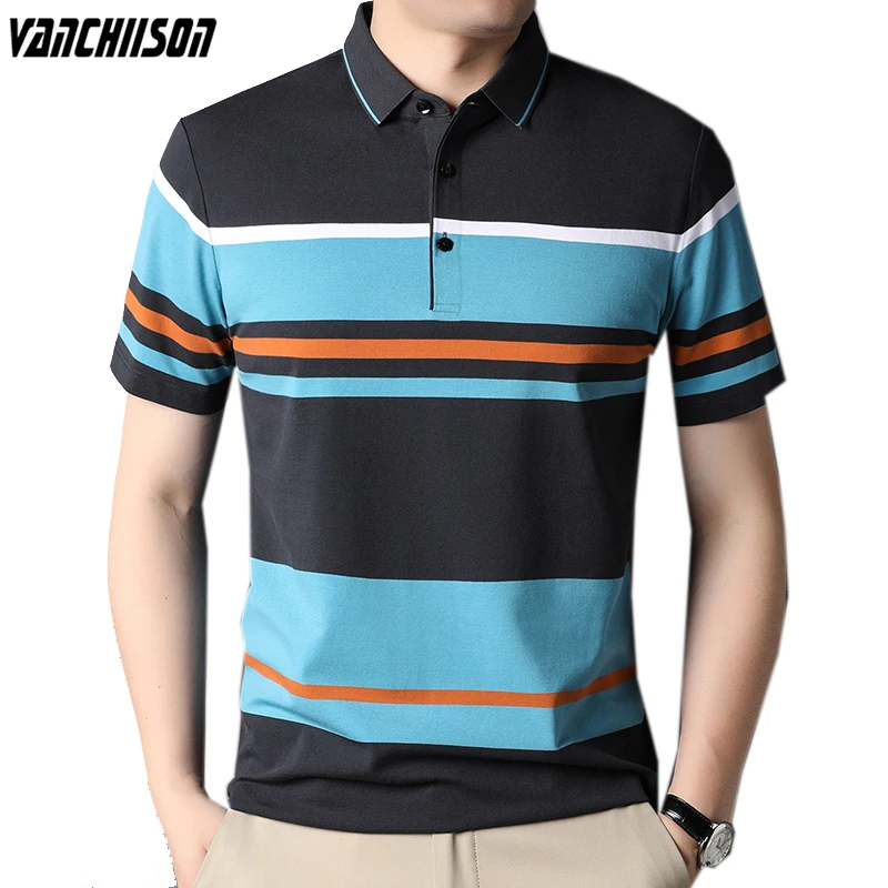 

Men 95% Cotton Polo Shirt Stripes Business Trip Summer Tops Short Sleeve Male Fashion Casual Clothing 6849